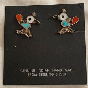 Zuni Road Runner Bird Sterling Silver Mosaic Inlay earrings.